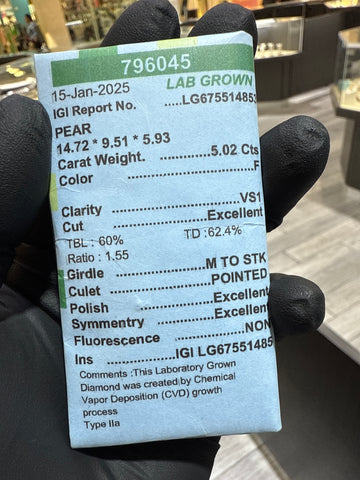 5CT F VS1 Pear Shape Lab Diamond
