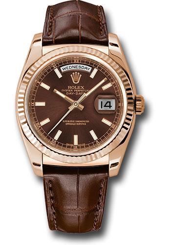 Rolex Everose Gold Day Date 36 Watch Fluted Bezel Chocolate Index