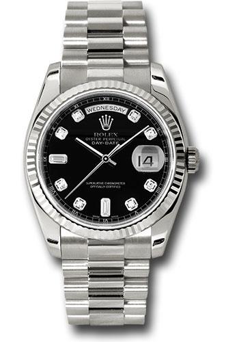 Rolex White Gold Day Date 36 Watch Fluted Bezel Black Diamond Dial