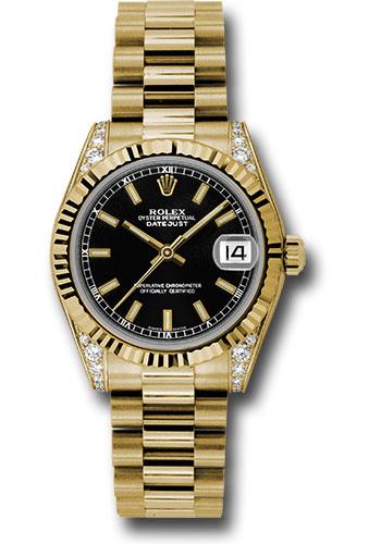 Rolex Yellow Gold Datejust 31 Watch Fluted Bezel Black Index Dial