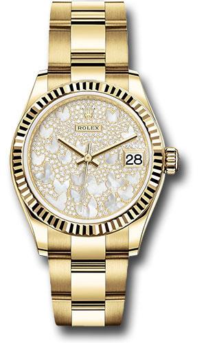 Rolex Yellow Gold Datejust 31 Watch Fluted Bezel Paved Mother of P