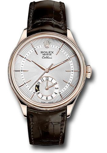 Rolex Cellini Dual Time Watch Everose Gold Silver Dial Brown Lea