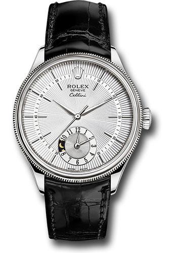 Rolex Cellini Dual Time Watch White Gold Silver Dial Black Leath