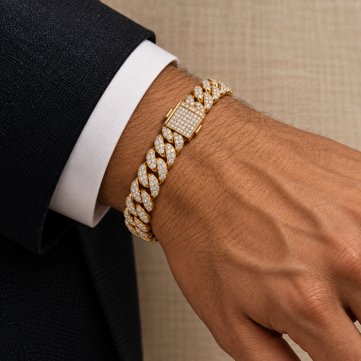 Men’s yellow gold pavé Cuban link diamond bracelet worn on the wrist — illustrative rendering