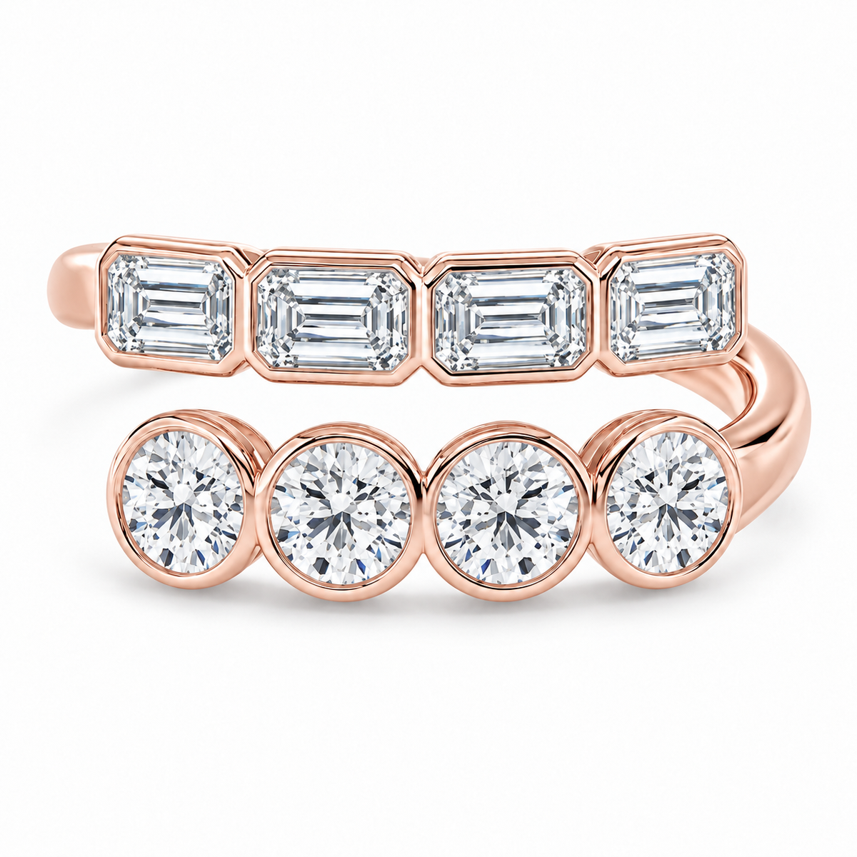 Emerald & Round Double-Row Bezel Ring in 14K rose gold – illustrative rendering