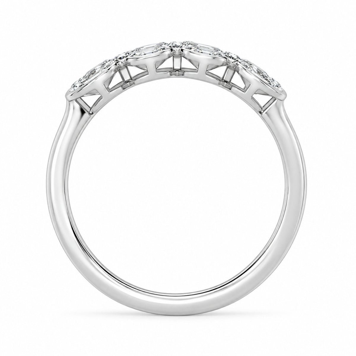 Emerald & Round Double-Row Bezel Ring in 14K white gold, detailed side view — illustrative rendering
