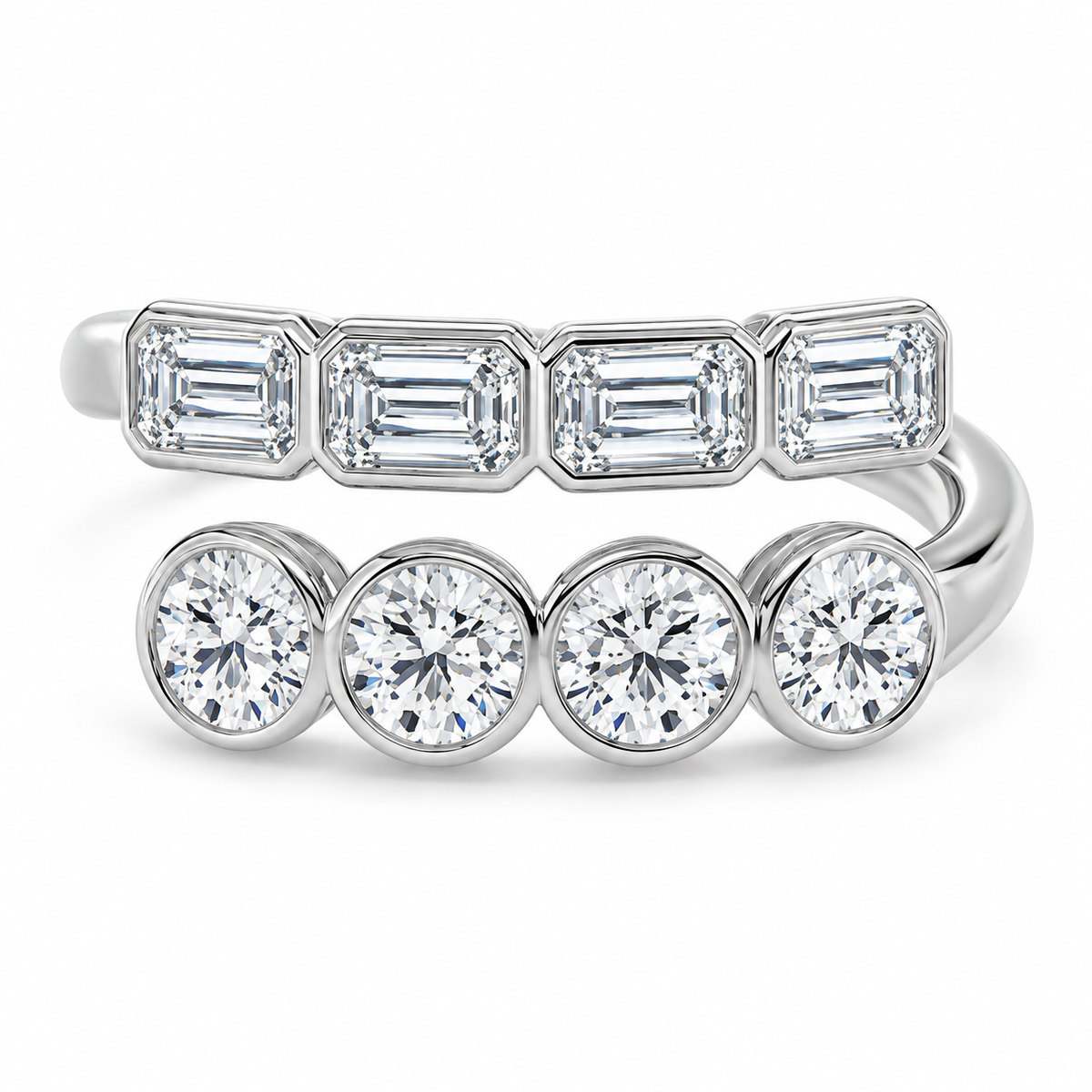 Emerald & Round Double-Row Bezel Ring in 14K white gold – illustrative rendering