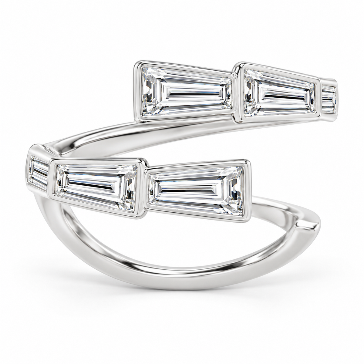Tapered Baguette Bezel Wrap Ring in 14K white gold – illustrative rendering