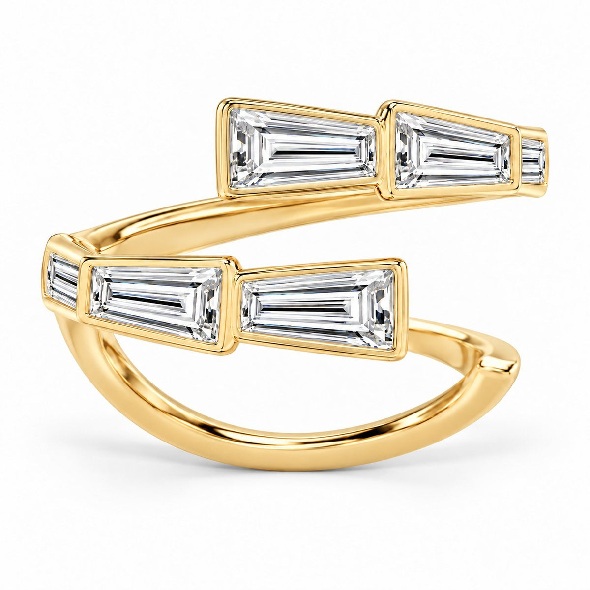 Tapered Baguette Bezel Wrap Ring in 14K yellow gold – high-resolution illustrative rendering