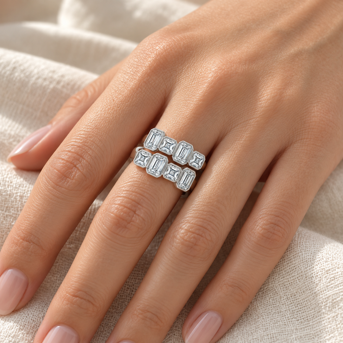 Emerald & Asscher Double-Row Bezel Ring – hand view