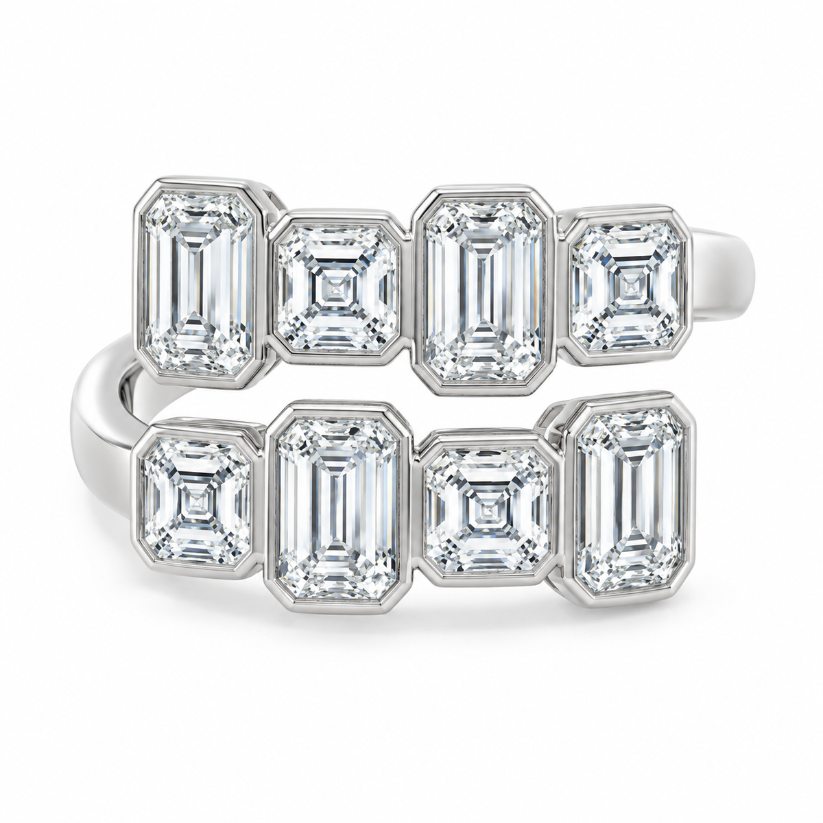 Emerald & Asscher Double-Row Bezel Ring in 14K white gold – illustrative rendering