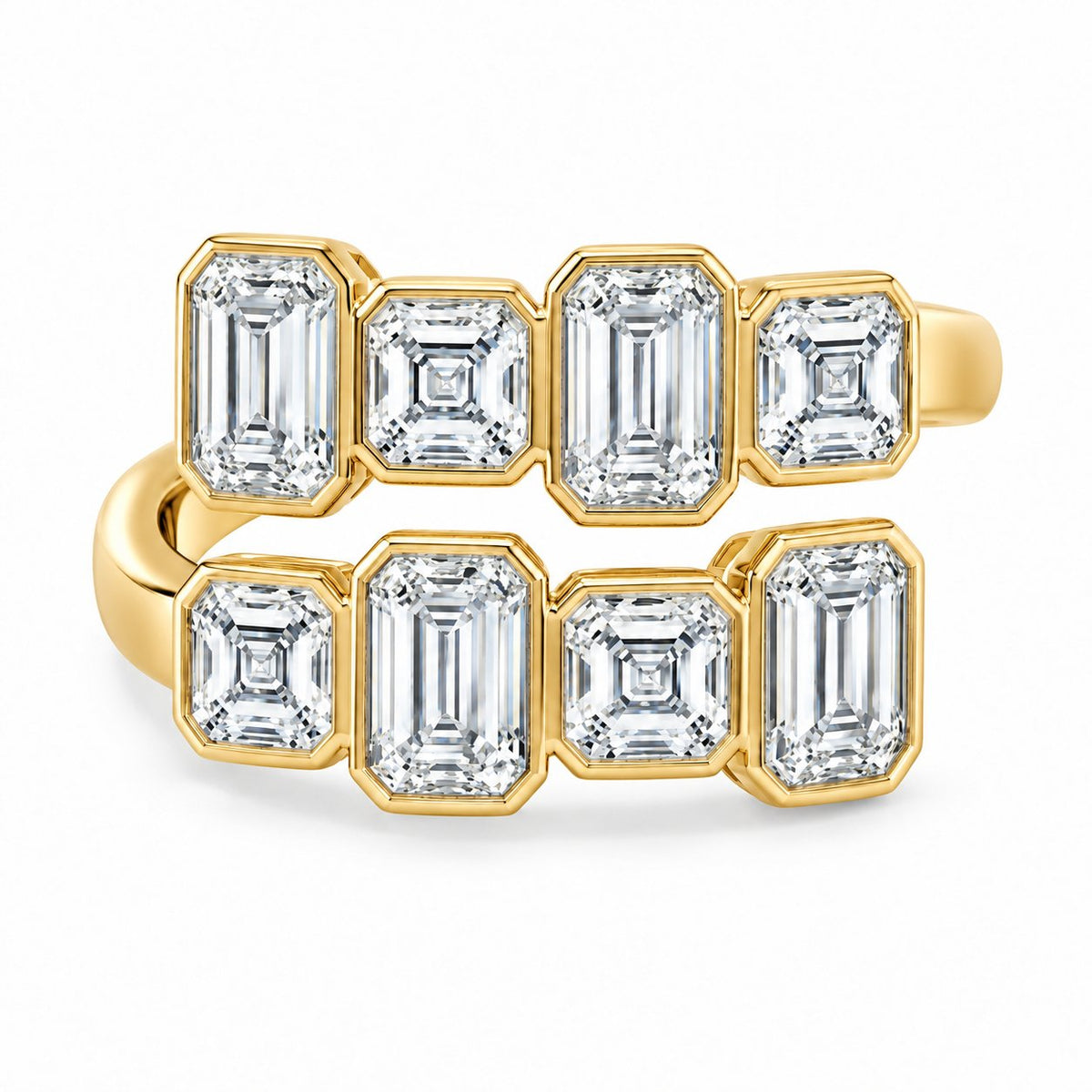 Emerald & Asscher Double-Row Bezel Ring in 14K yellow gold – high-resolution illustrative rendering
