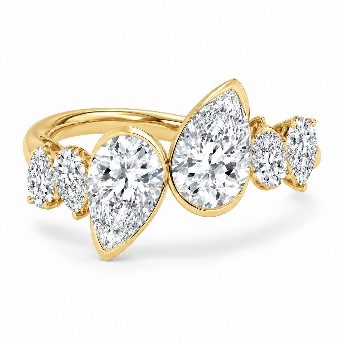 Pear & Round Bezel Duet Ring in 14K yellow gold – high-resolution illustrative rendering
