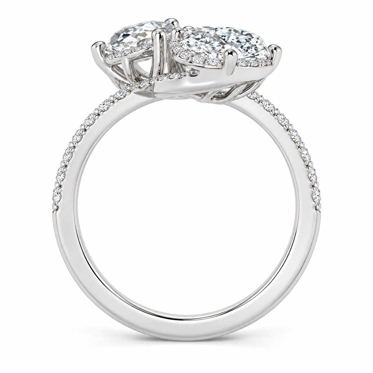 Oval Halo Toi et Moi Ring in 14K white gold, side view – illustrative rendering