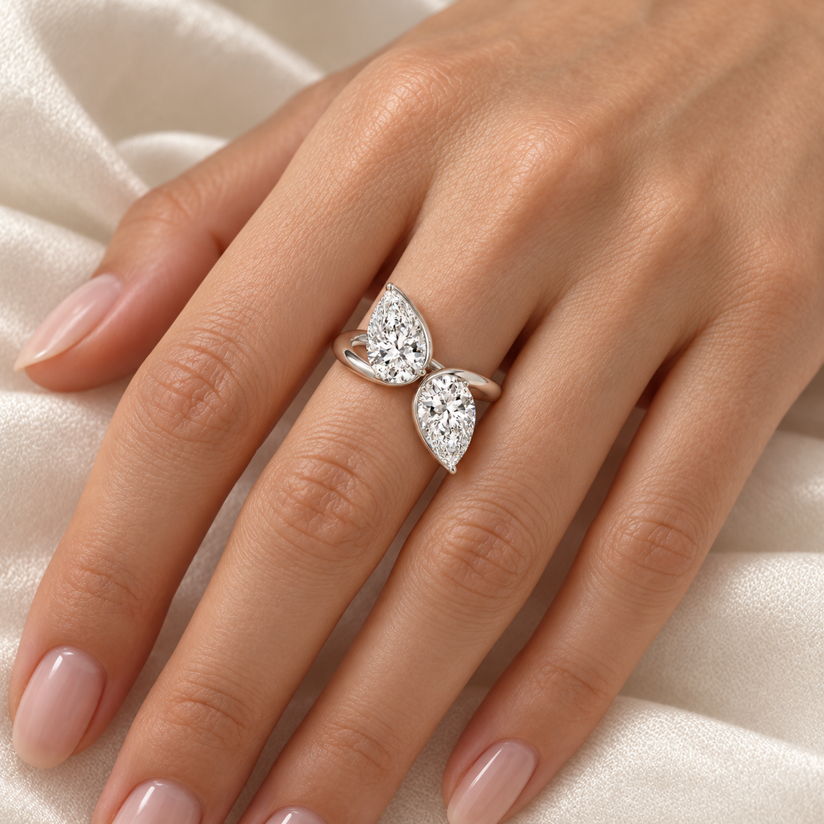 Pear Bezel Toi et Moi Ring in 14K white gold, on-hand styling view – illustrative rendering