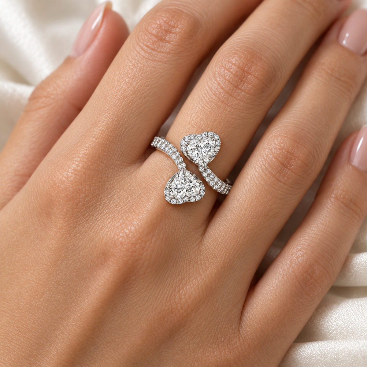Heart Halo Bypass Ring in 14K white gold, on-hand styling view – illustrative rendering