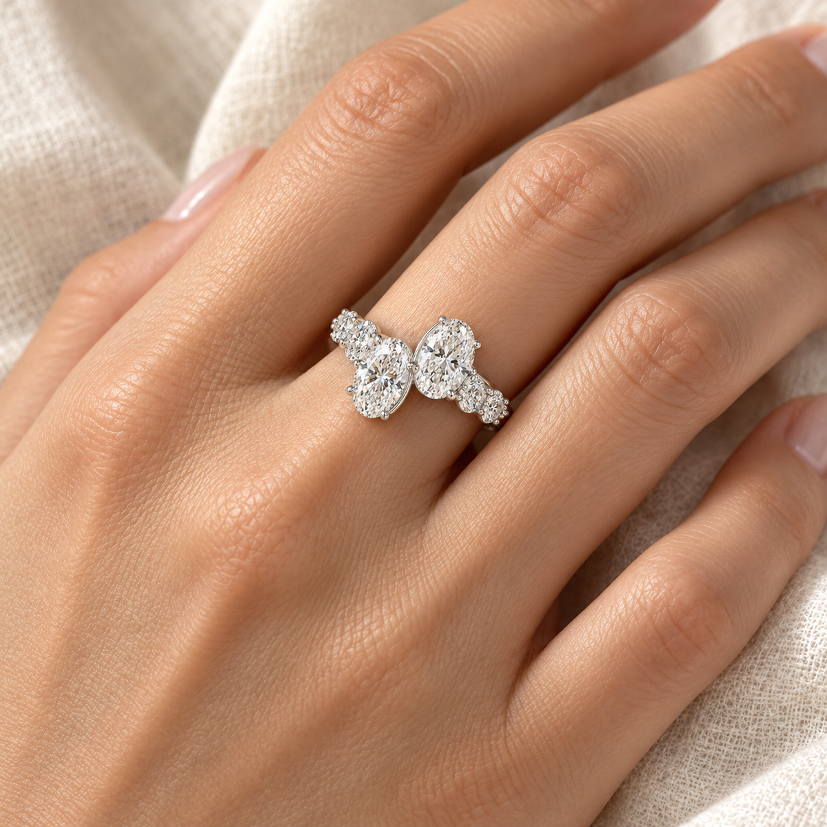 Oval & Round Bezel Duet Ring in 14K white gold, on-hand styling view – illustrative rendering