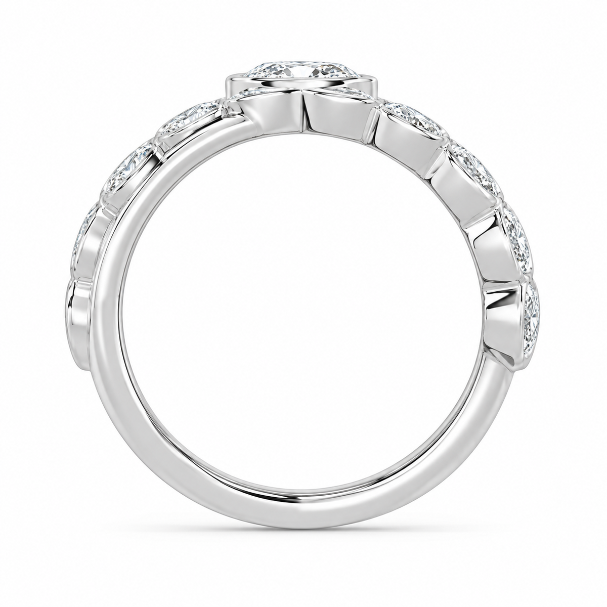Oval & Round Bezel Crossover Ring in 14K white gold, side view – illustrative rendering