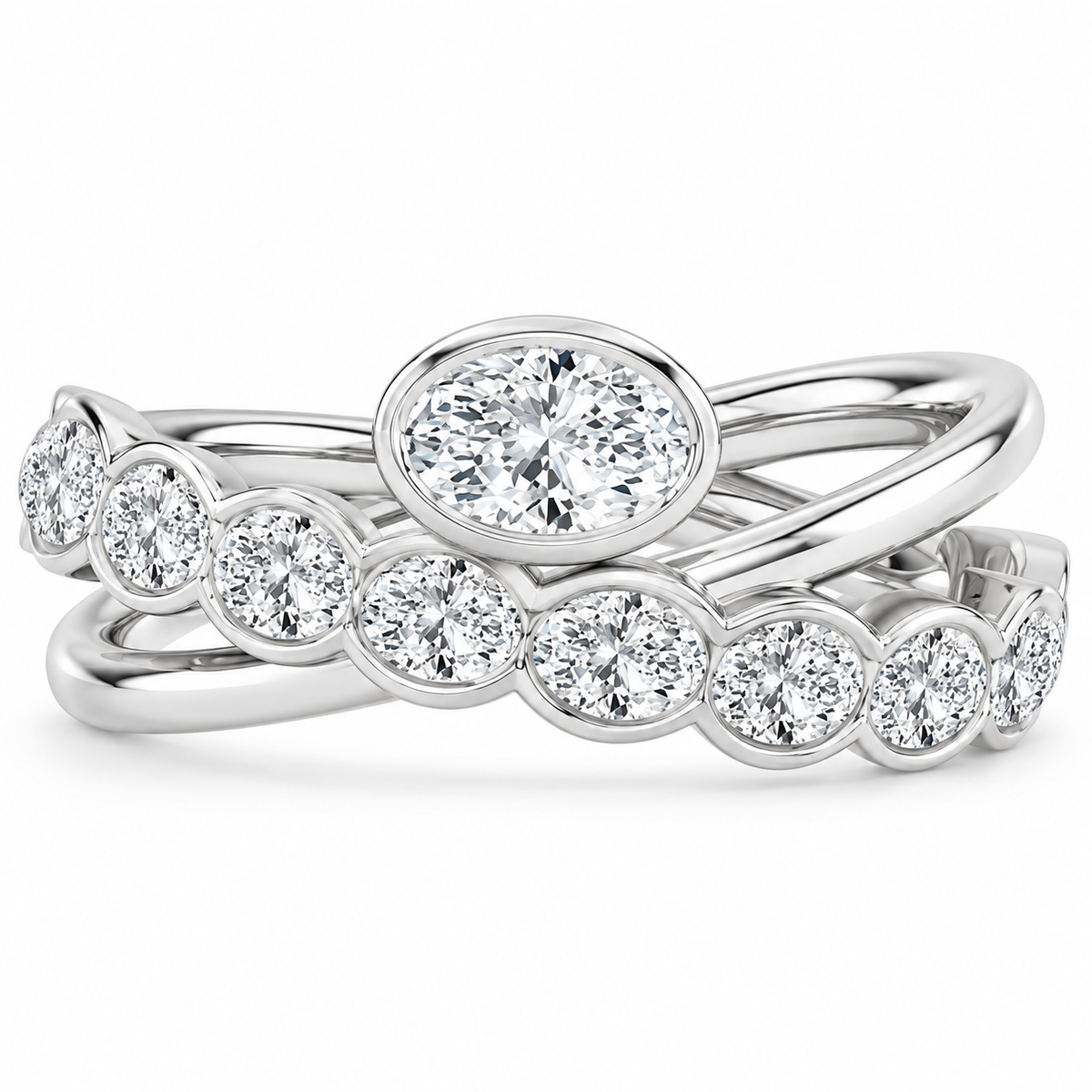Oval & Round Bezel Crossover Ring in 14K white gold – illustrative rendering