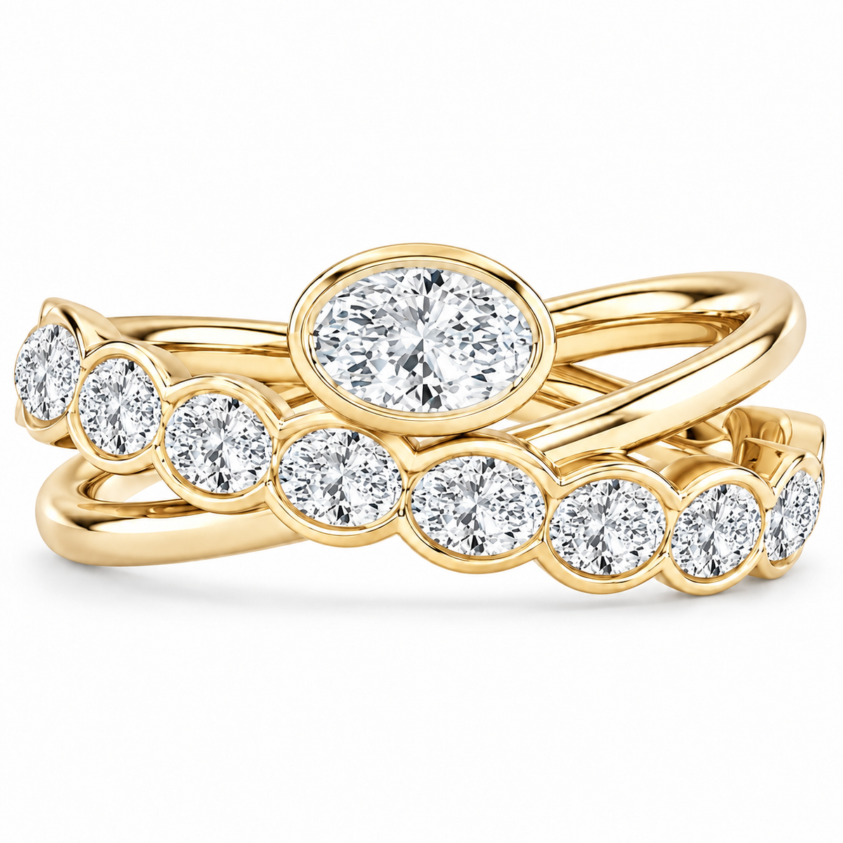 Oval & Round Bezel Crossover Ring in 14K yellow gold – illustrative rendering