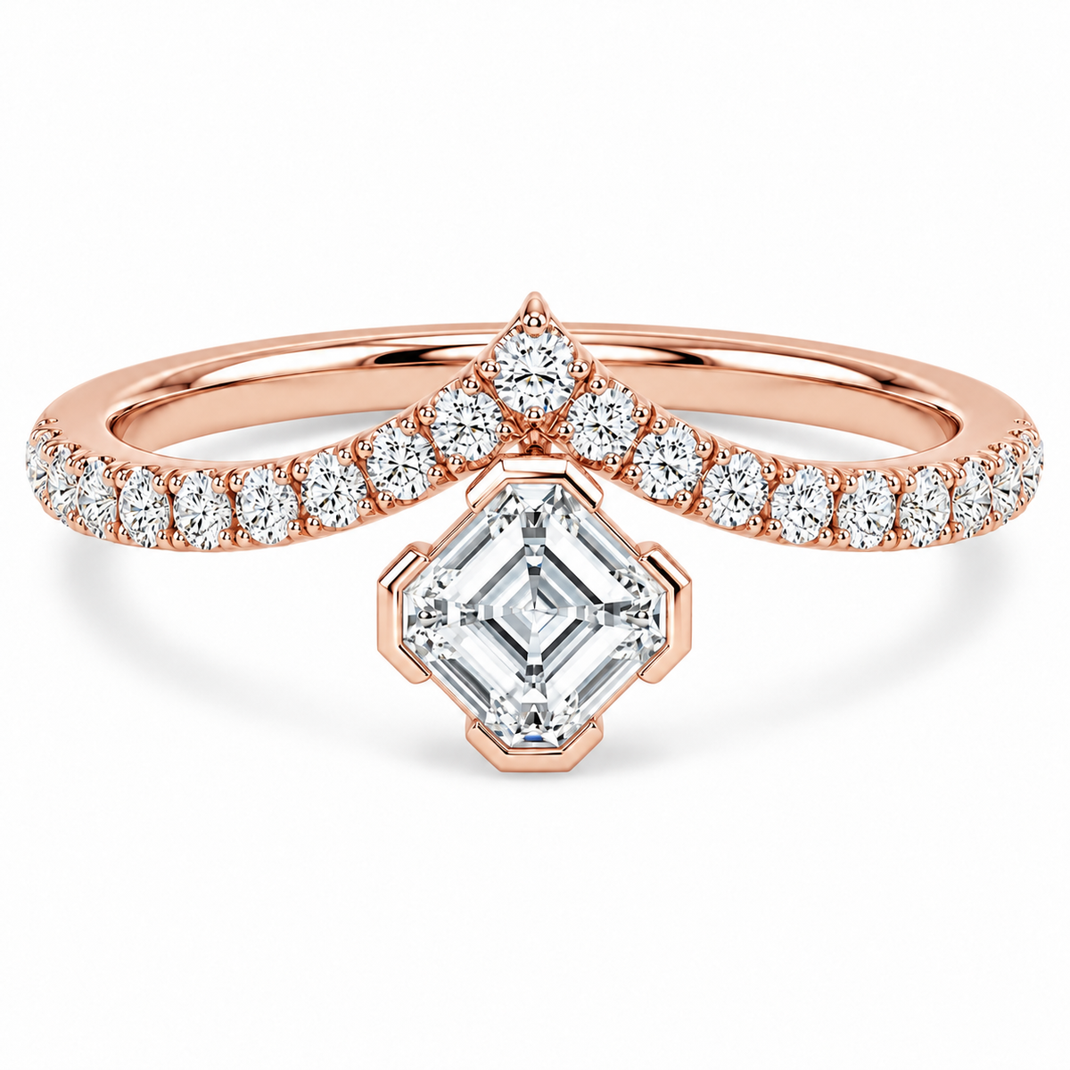 Asscher Bezel Chevron Ring in 14K rose gold – illustrative rendering