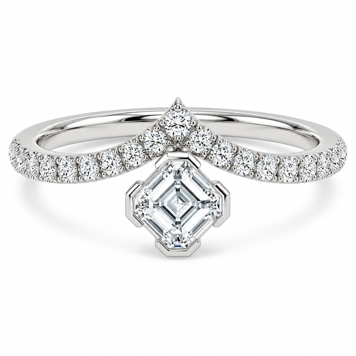 Asscher Bezel Chevron Ring in 14K white gold – illustrative rendering