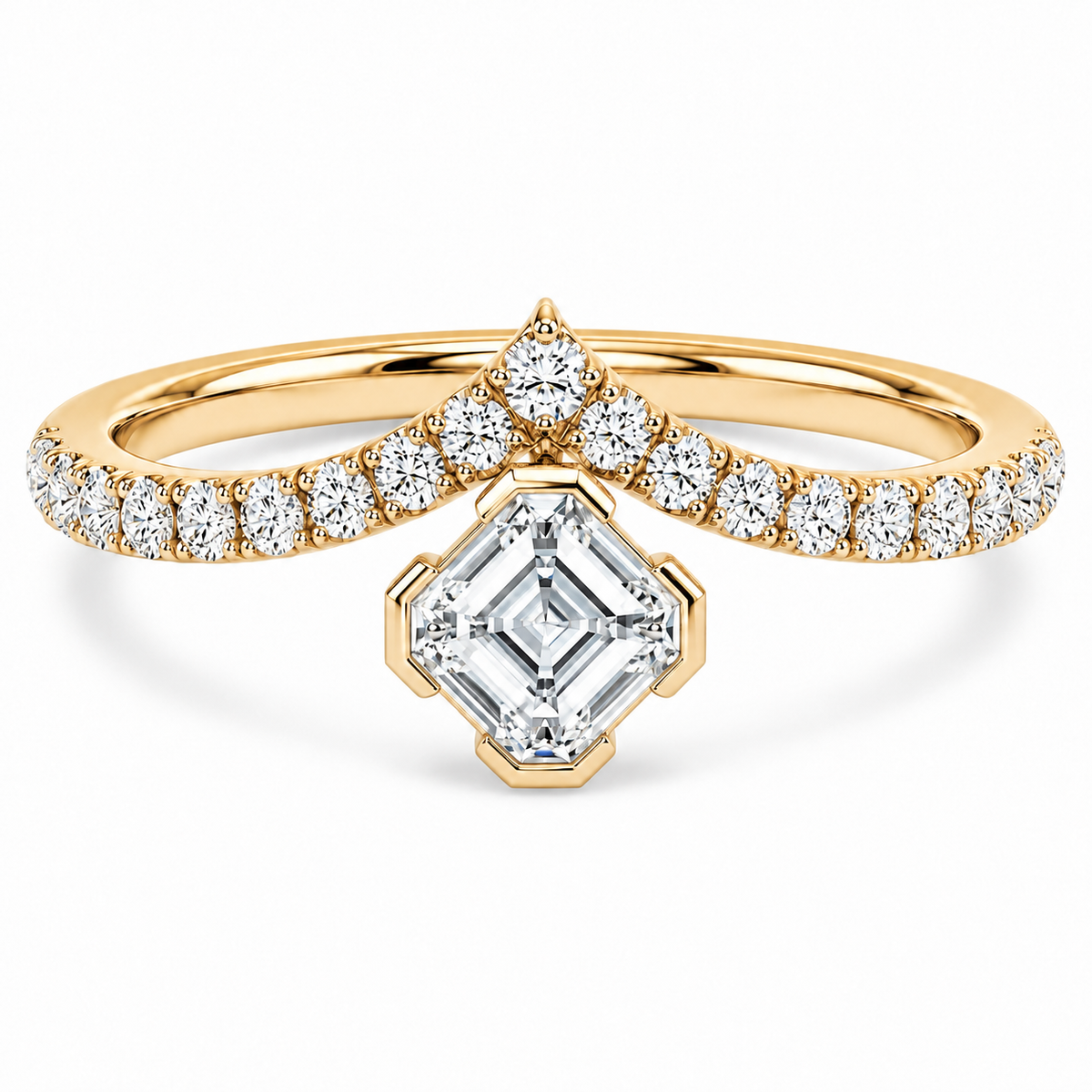 Asscher Bezel Chevron Ring in 14K yellow gold – illustrative rendering