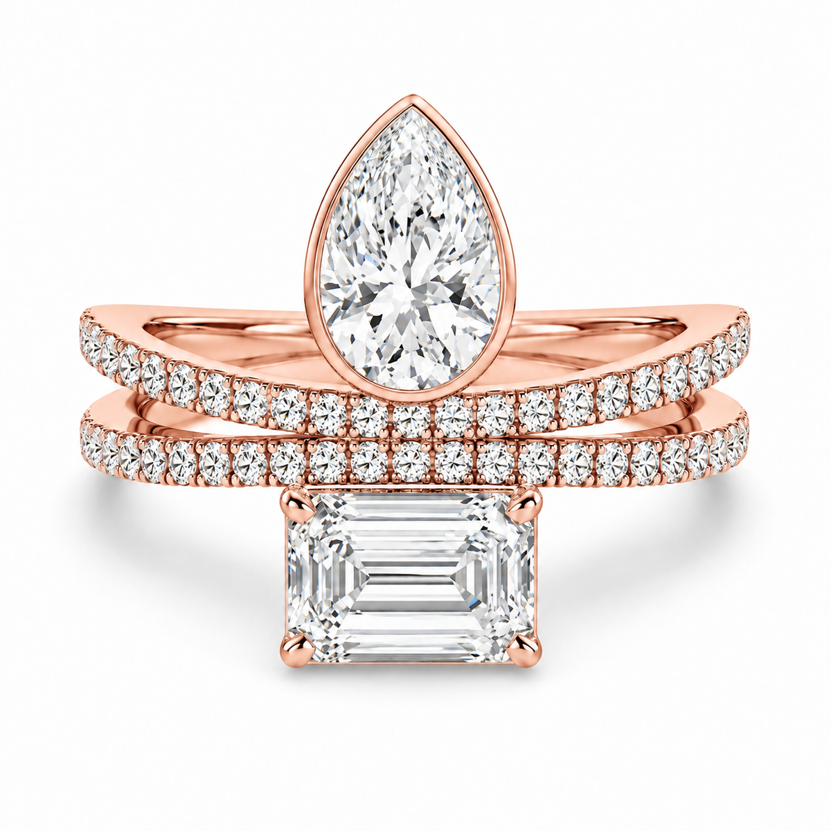Pear & Emerald Pavé Bypass Ring in 14K rose gold – illustrative rendering