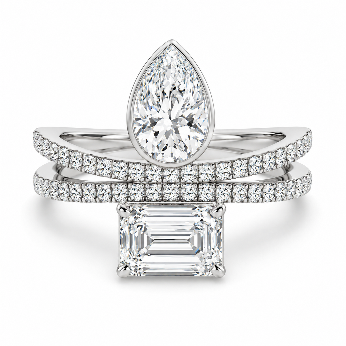 Pear & Emerald Pavé Bypass Ring in 14K white gold – illustrative rendering