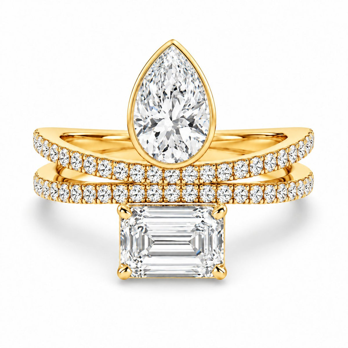 Pear & Emerald Pavé Bypass Ring in 14K yellow gold – high-resolution illustrative rendering
