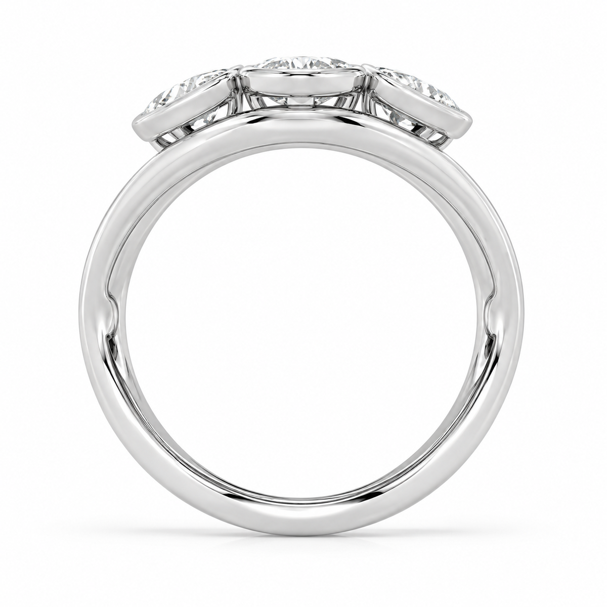 Three-Stone Bezel Contour Ring in 14K white gold, side view – illustrative rendering