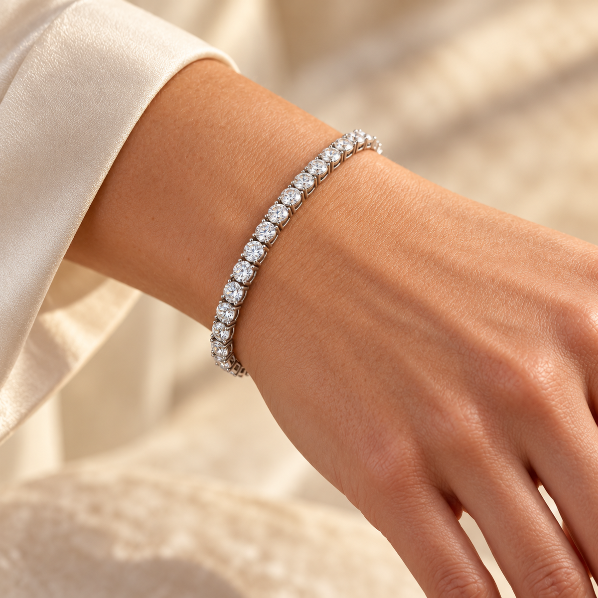 Classic Four-Prong Round Tennis lab-grown diamond bracelet, white gold wrist styling — illustrative design rendering