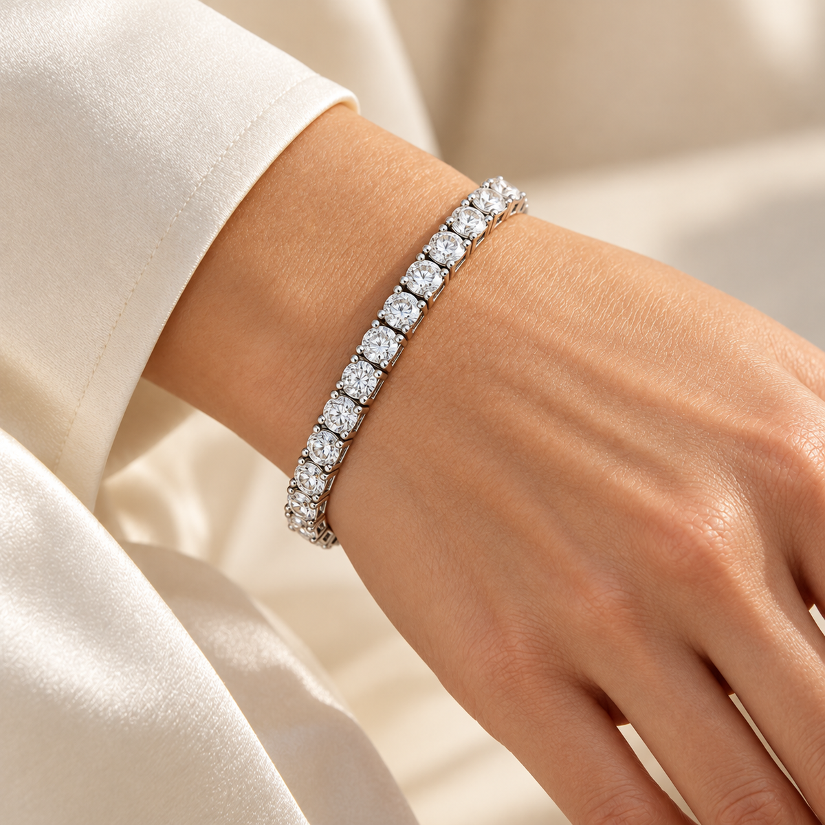 Four-Prong Box Round Tennis lab-grown diamond bracelet, white gold wrist view — illustrative design rendering
