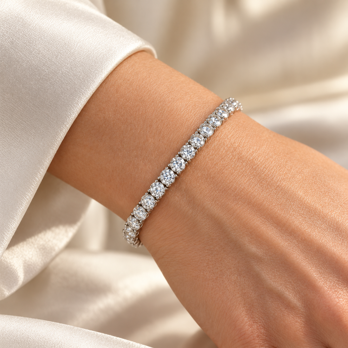 Three-Prong Martini Round Tennis lab-grown diamond bracelet, white gold wrist view — illustrative design rendering