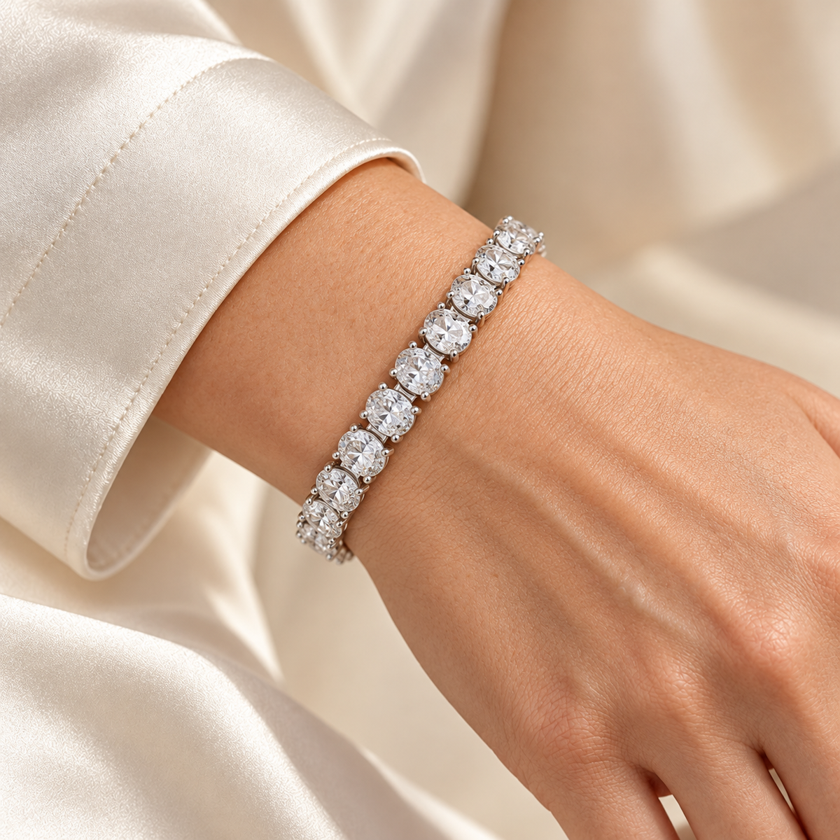 North-South Oval Tennis lab-grown diamond bracelet, white gold wrist view — illustrative design rendering