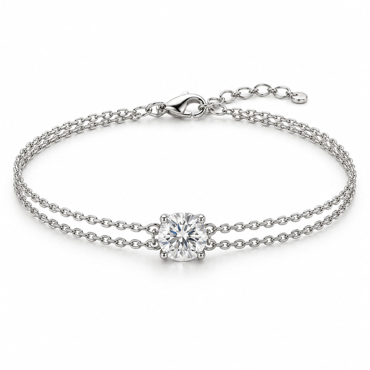 Round Solitaire Double-Chain lab-grown diamond bracelet, 14K White Gold — illustrative design rendering