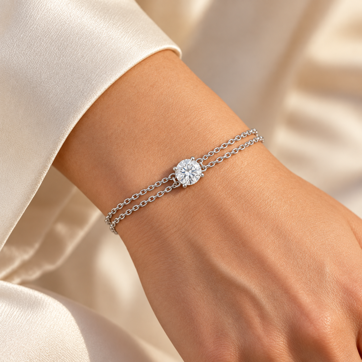 Round Solitaire Double-Chain lab-grown diamond bracelet, white gold wrist view — illustrative design rendering