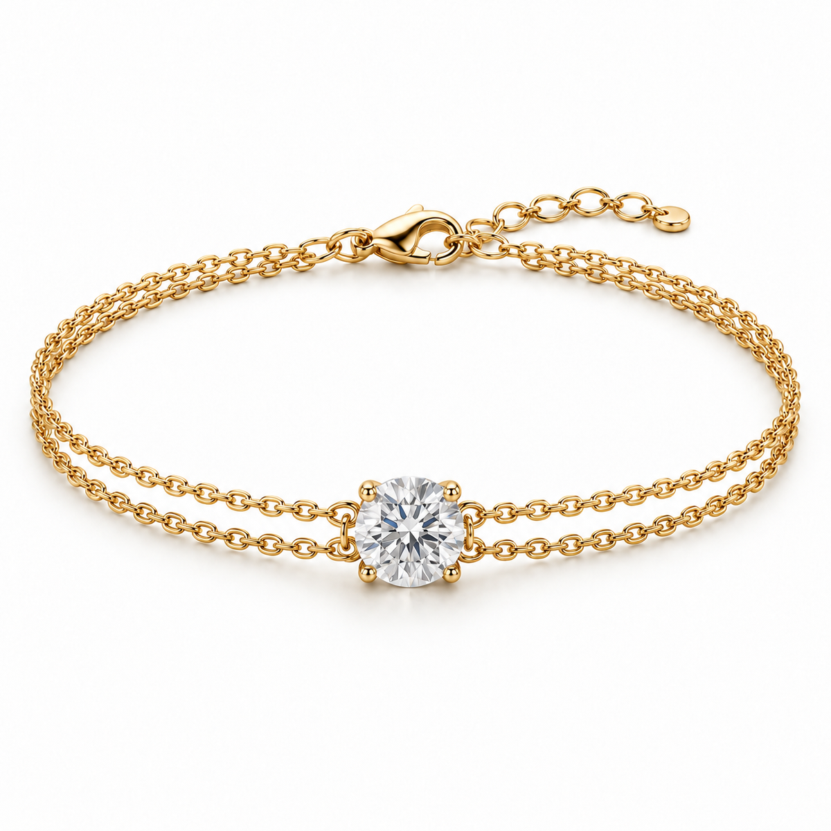 Round Solitaire Double-Chain lab-grown diamond bracelet, 14K Yellow Gold — illustrative design rendering