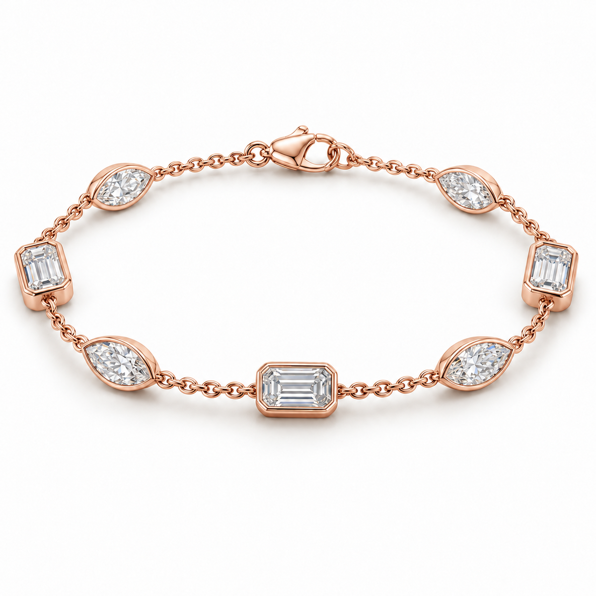 Emerald & Marquise Bezel Station lab-grown diamond bracelet, 14K Rose Gold — illustrative design rendering