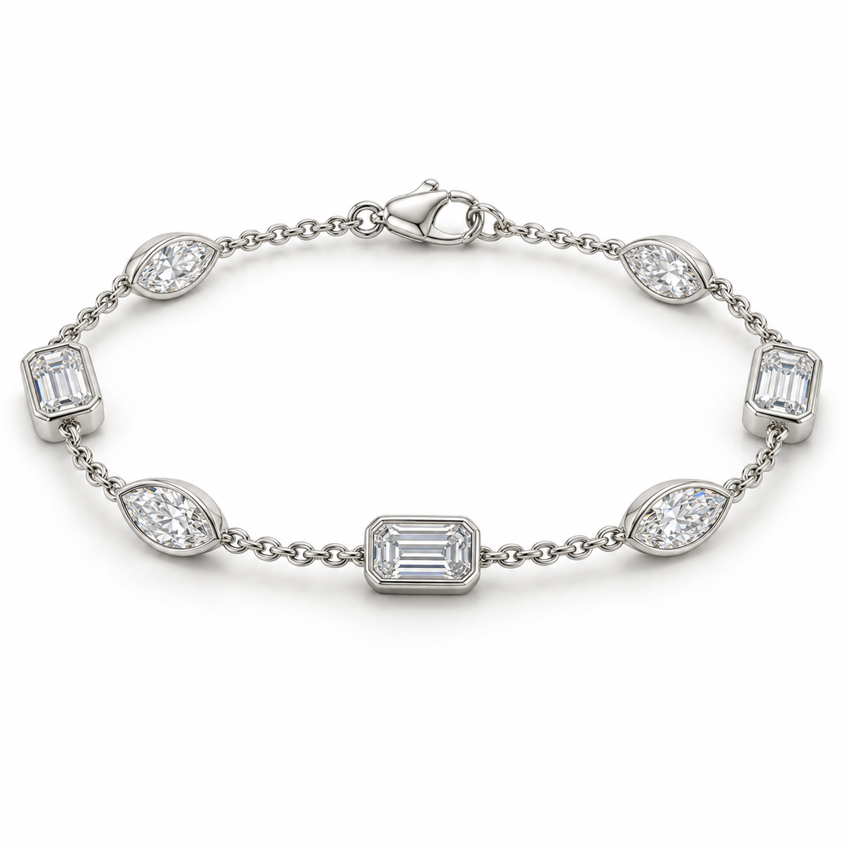 Emerald & Marquise Bezel Station lab-grown diamond bracelet, 14K White Gold — illustrative design rendering