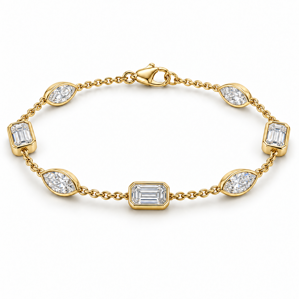 Emerald & Marquise Bezel Station lab-grown diamond bracelet, 14K Yellow Gold — illustrative design rendering