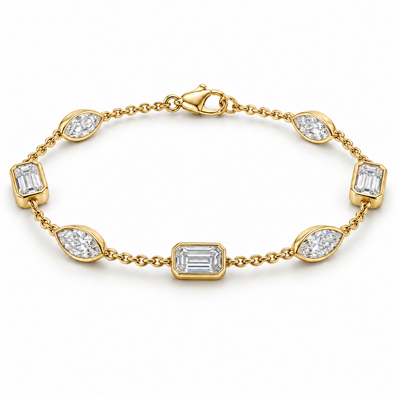 Emerald & Marquise Bezel Station lab-grown diamond bracelet, 14K Yellow Gold — illustrative design rendering