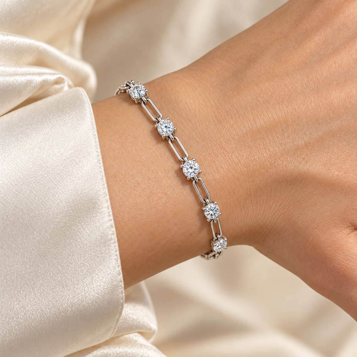 Five-Stone Paperclip lab-grown diamond bracelet, white gold wrist view — illustrative design rendering