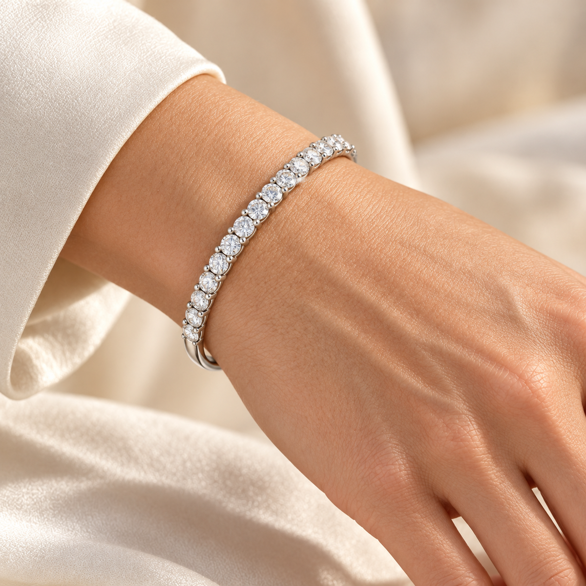 Shared-Prong Round Diamond Bangle lab-grown diamond bracelet, white gold wrist view — illustrative design rendering