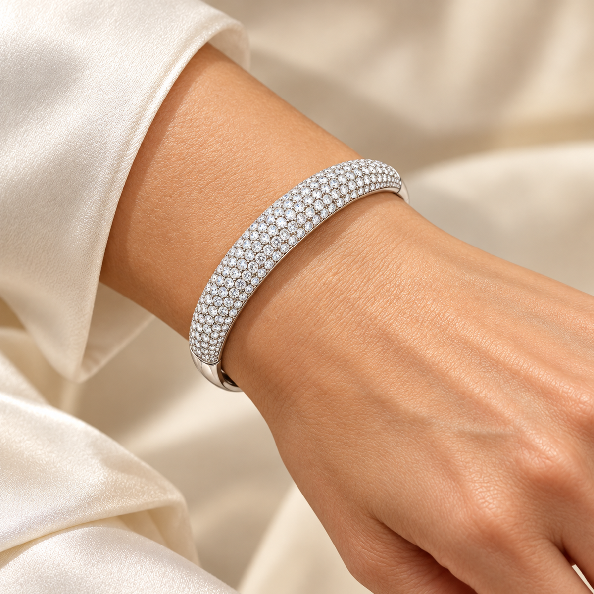 Domed Pavé Diamond Bangle lab-grown diamond bracelet, white gold wrist view — illustrative design rendering
