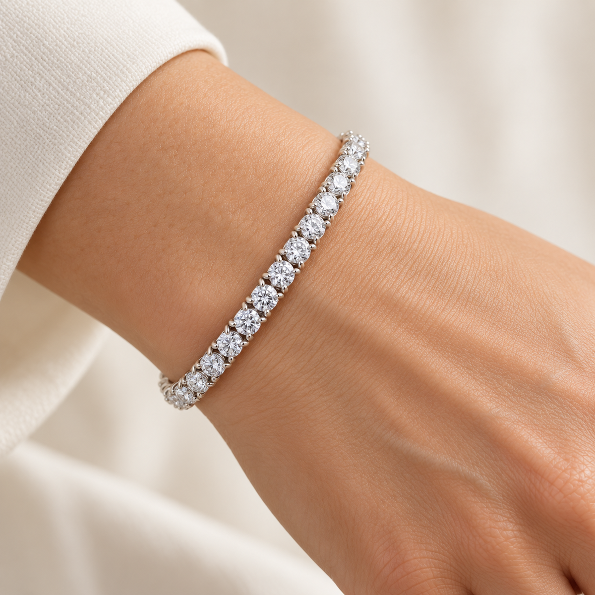 Tulip Prong Tennis lab-grown diamond bracelet in 14K white gold, styled on a wrist — illustrative design rendering