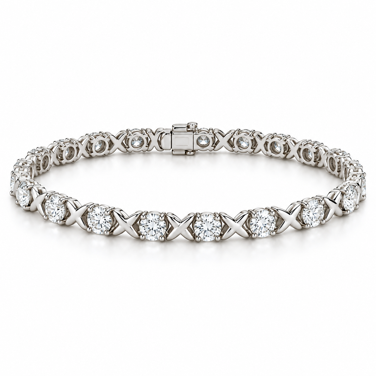 Beveled X Round Tennis lab-grown diamond bracelet in 14K white gold, alternate view — illustrative design rendering