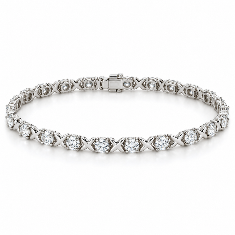 Beveled X Round Tennis lab-grown diamond bracelet in 14K white gold — illustrative design rendering