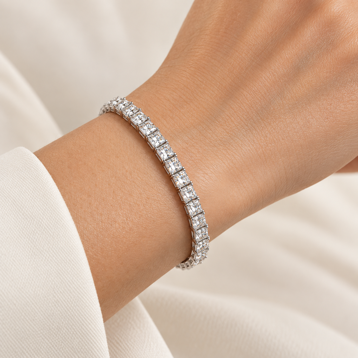 Princess Line Tennis lab-grown diamond bracelet in 14K white gold, styled on a wrist — illustrative design rendering