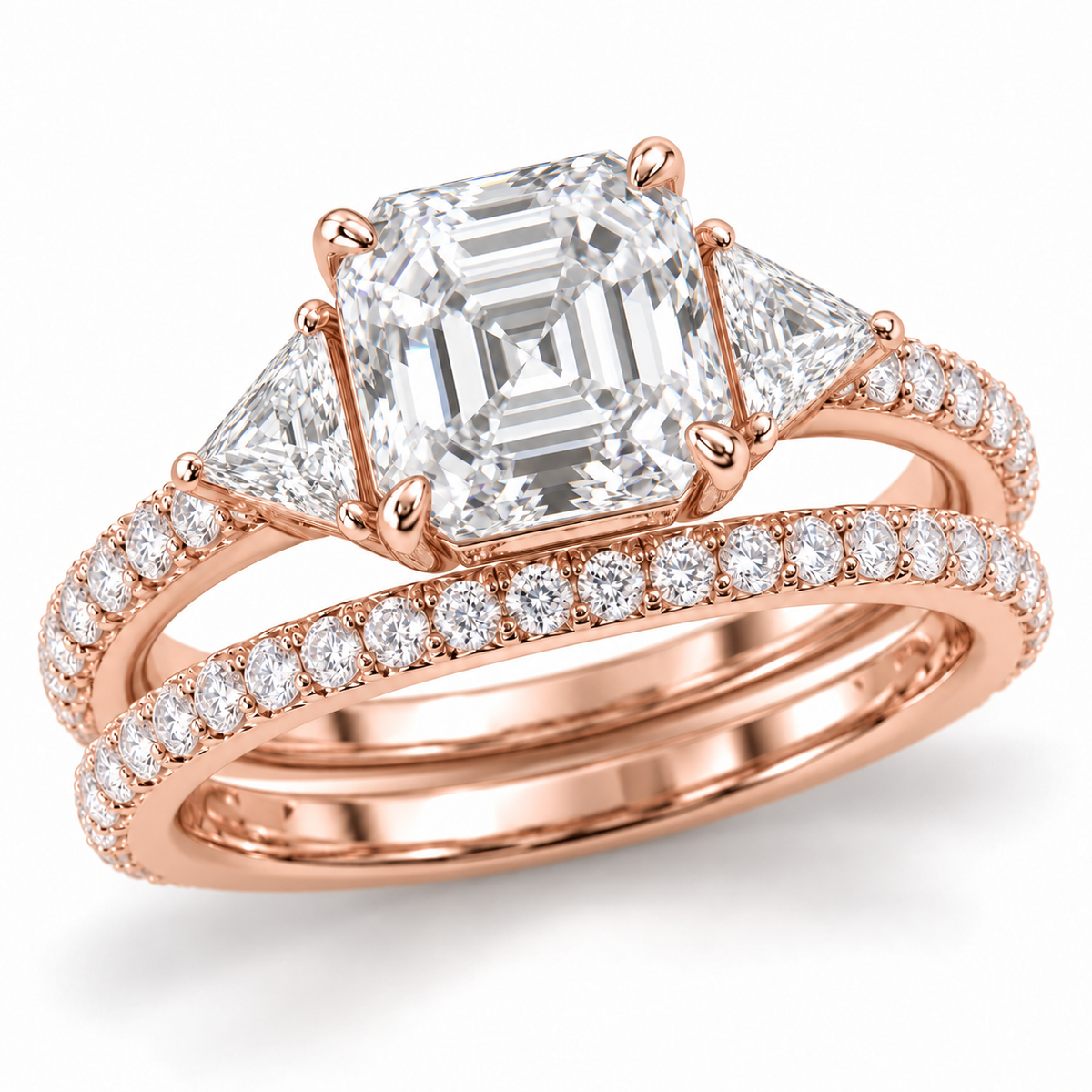 Asscher Three-Stone bridal set in 14K rose gold — illustrative render